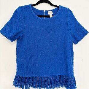 Chicos Top Womens Small Royal Blue Woven Short Sleeve Fringe Hem Cotton Wool